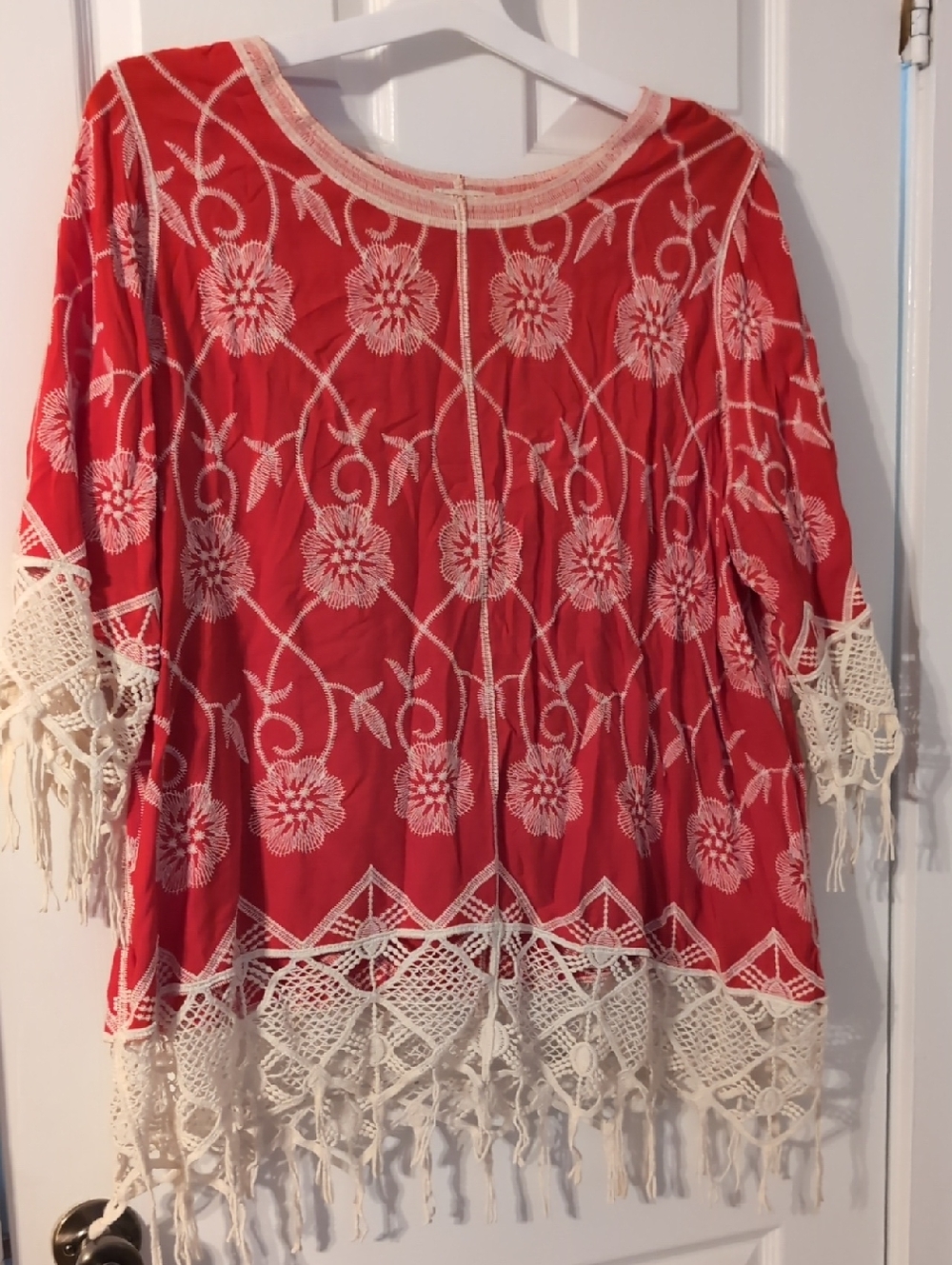 Cato Red Floral Embroidered Tunic with Crochet Fringe